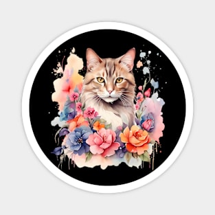 A cat decorated with beautiful watercolor flowers Magnet